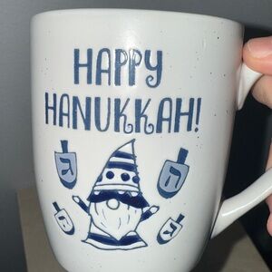 Sheffield "Happy Hanukkah" gnome coffee mug w/ dreidels & a blue interior. 16oz